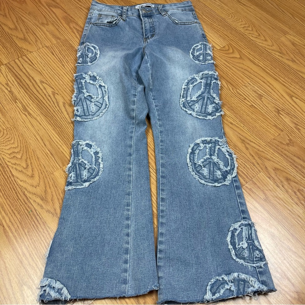 Ashley Mason Premium Blue Distressed Flare Jeans with Peace Embroidery